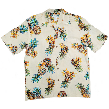 Pineapple and Orchid Vintage Inspired Rayon Hawaiian Shirt | Beige - Muumuu Outlet