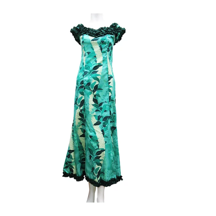 Straight Column Hawaiian Dress with Green Lei Print