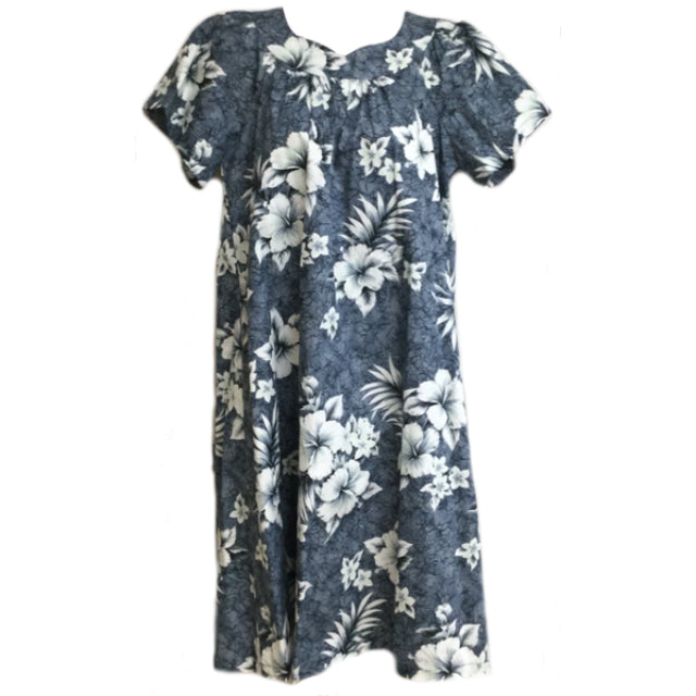 White Hibiscus Grey Muumuu Dress