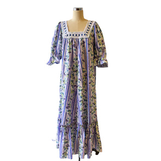 Purple Stripe Muumuu with Floral Print with Lace | Large Size Dress 8891