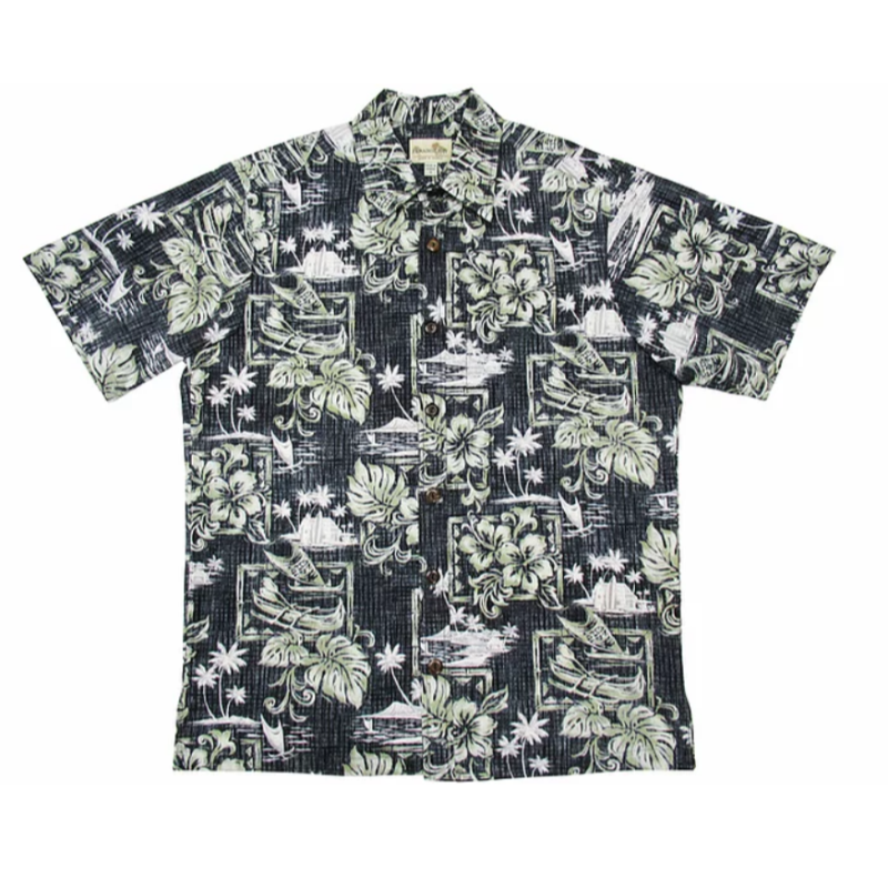 Hawaiian Kayak & Hibiscus Reverse Cotton Aloha Shirt | Black, Blue - Muumuu Outlet