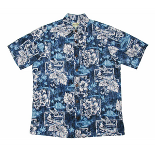 Hawaiian Kayak & Hibiscus Reverse Cotton Aloha Shirt | Black, Blue - Muumuu Outlet