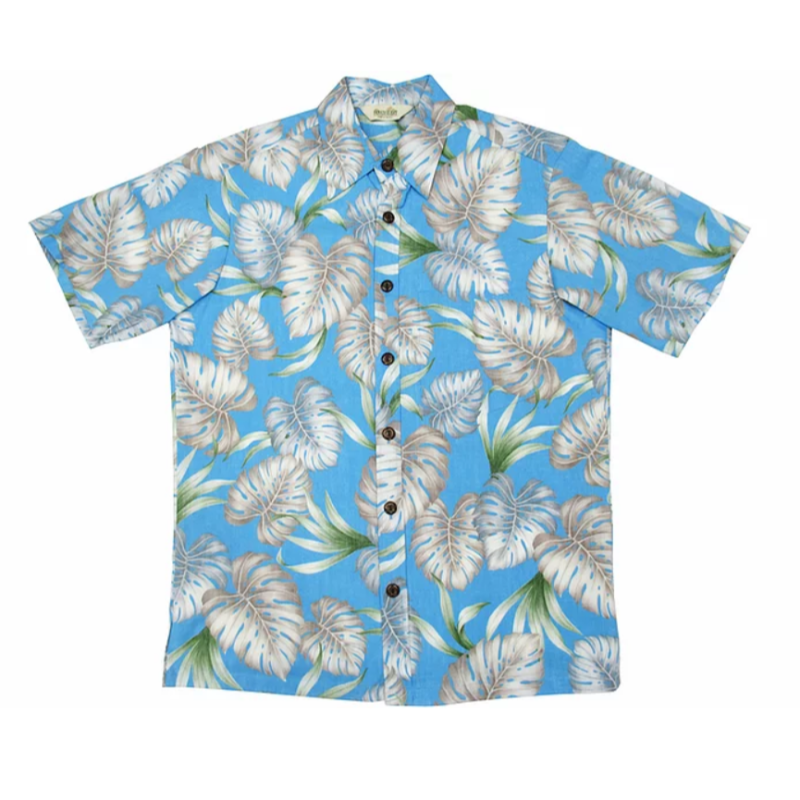 Light Grey Monstera Leaf Hawaiian Shirt | Blue and Grey - Muumuu Outlet