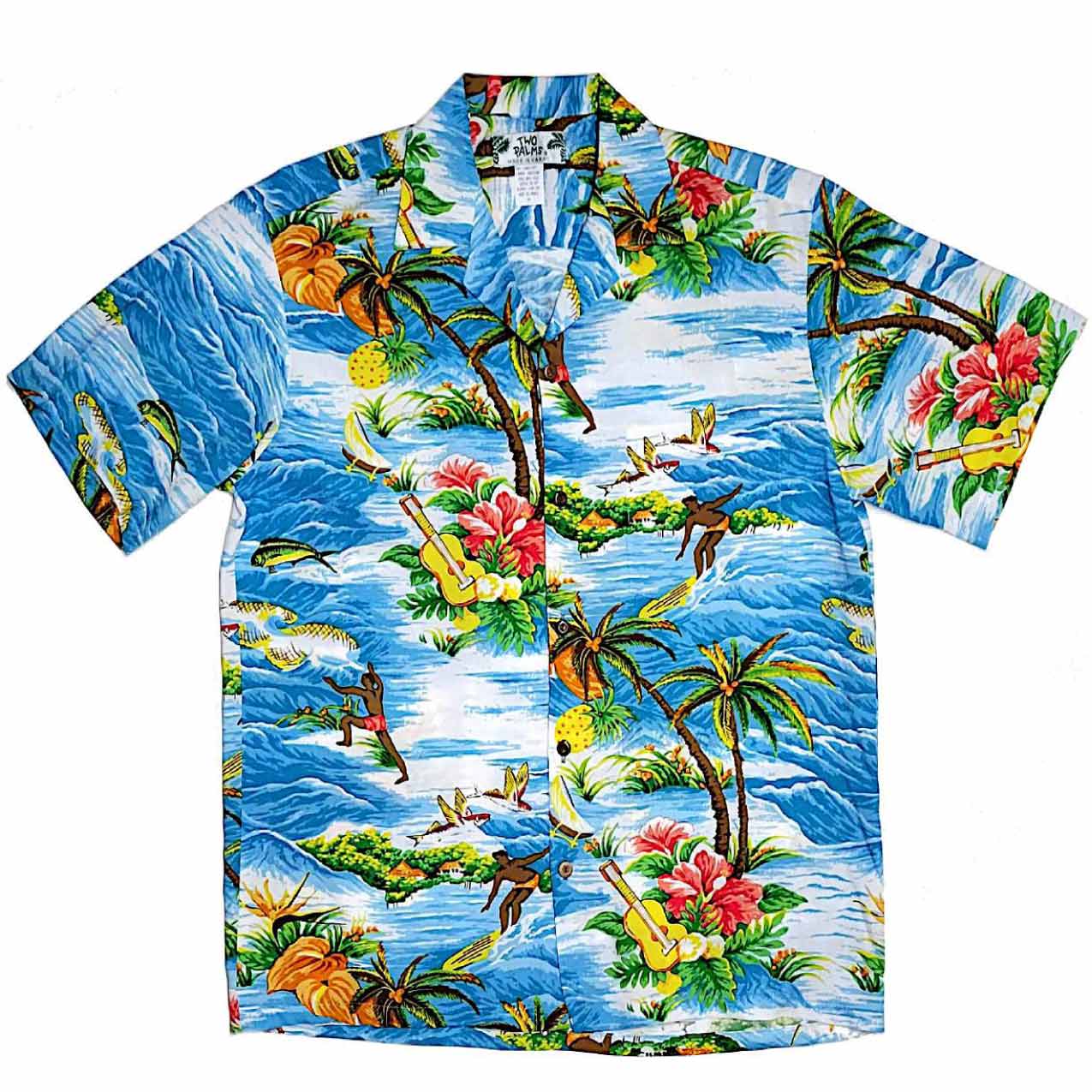 Buy blue Surfing Wave and Ukulele Fun Print Aloha Shirt-Blue