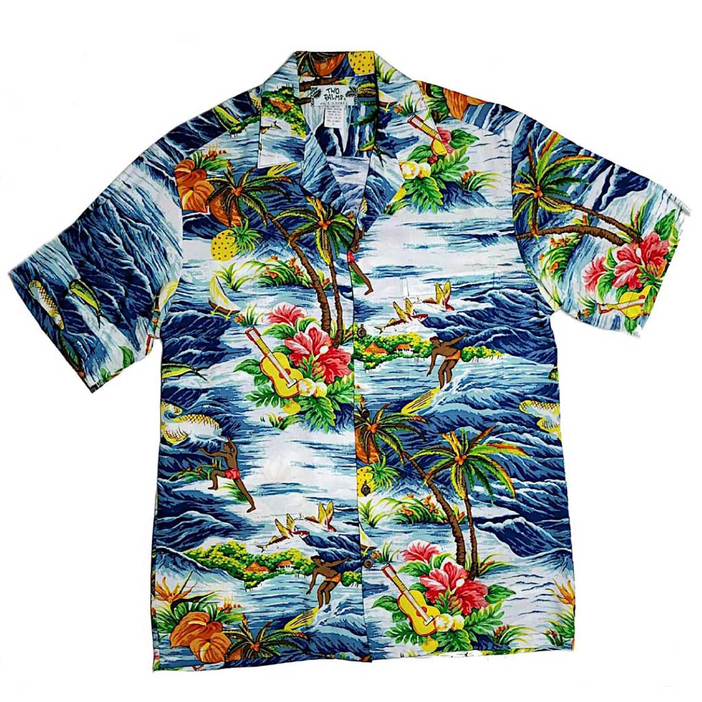 Surfing Wave and Ukulele Fun Print Aloha Shirt-Blue