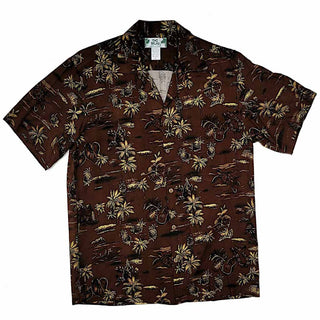 Old Hawaiian Retro Print with Pineapple and Palm Tree Shirt- Brown
