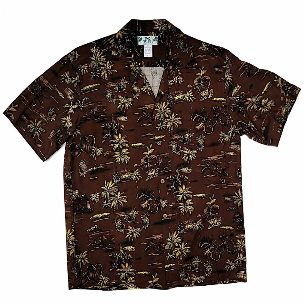 Old Hawaiian Retro Print with Pineapple and Palm Tree Shirt- Orange - 0