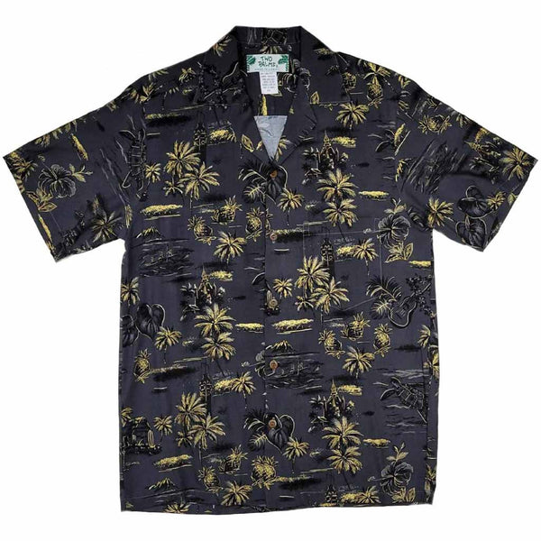 Old Hawaiian Retro Print with Pineapple and Palm Tree Shirt- Grey