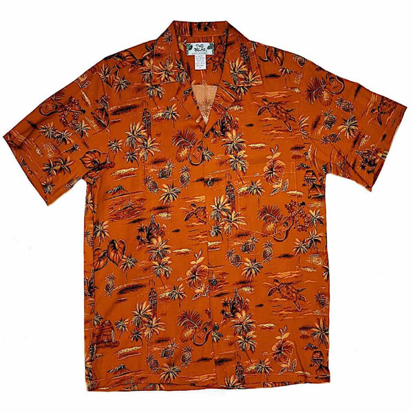 Old Hawaiian Retro Print with Pineapple and Palm Tree Shirt- Orange