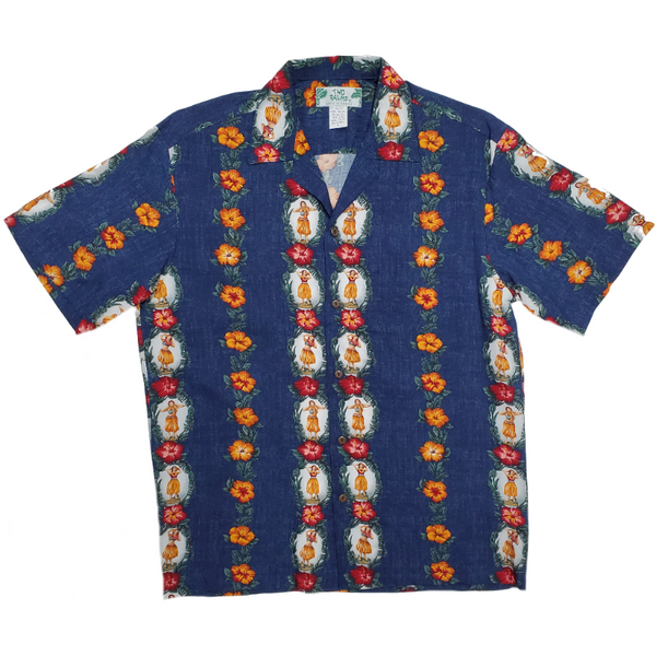 Hula Girl Vintage Inspired Rayon Hawaiian Shirt | Navy - Muumuu Outlet