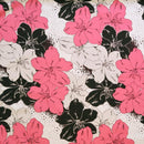 Large Pink and Black Flower  Fabric-White