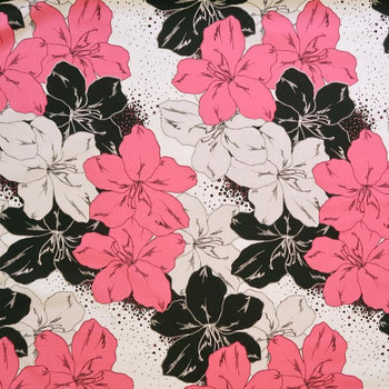 Large Pink and Black Flower  Fabric-White