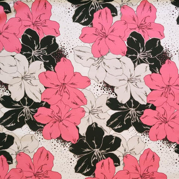 Large Pink and Black Flower  Fabric-White