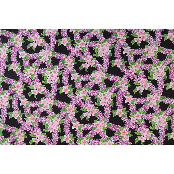Plumeria Purple Lei Party Hawaiian Fabric - Purple, Black PC060BK - Muumuu Outlet