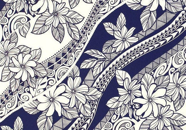 Polynesian Tribal Flower 100% Cotton Fabric-Navy - Muumuu Outlet