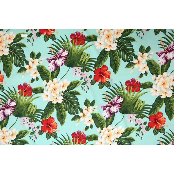 Hibiscus/Plumeria 100% Cotton Hawaiian Fabric -Aqua C030T - Muumuu Outlet