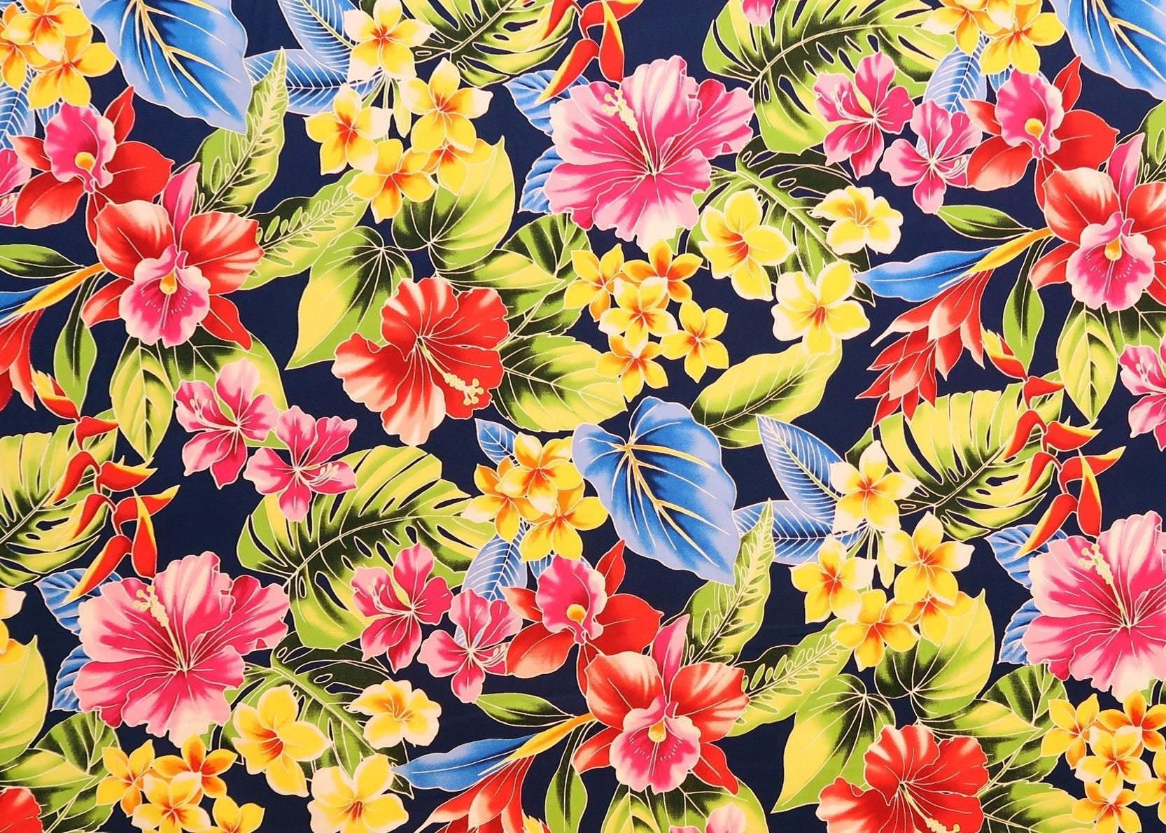 Blue Anthurium and Orchid Hawaiian Fabric | BLACK - Muumuu Outlet