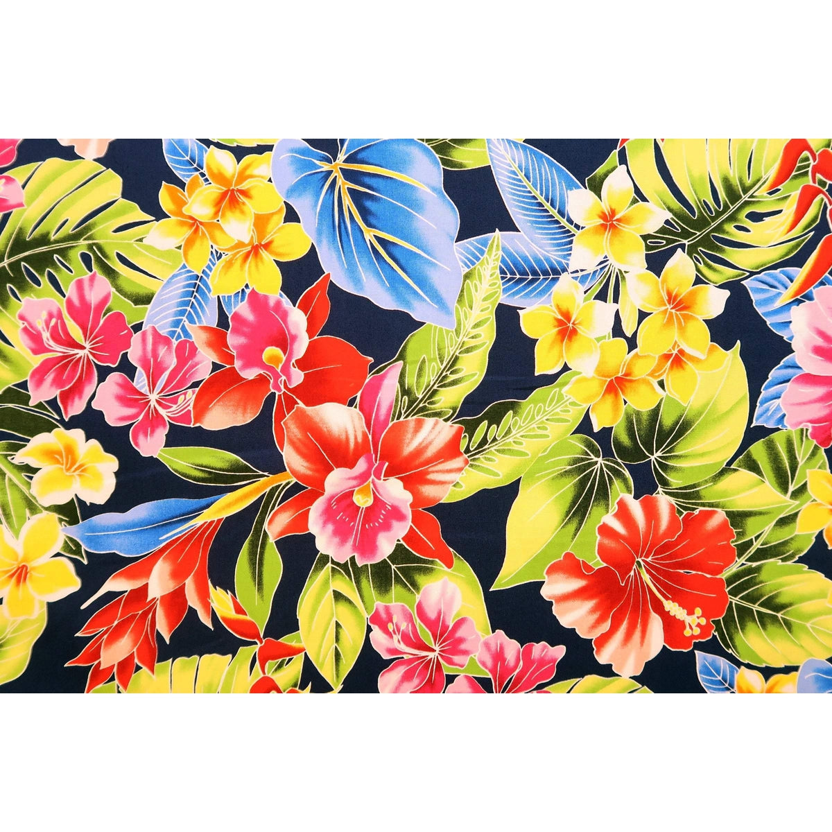 Blue Anthurium and Orchid Hawaiian Fabric | BLACK - Muumuu Outlet