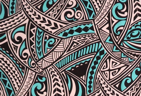 Polynesian Tribal Print 100% Cotton Fabric / - Turquoise and Black C129T - Muumuu Outlet