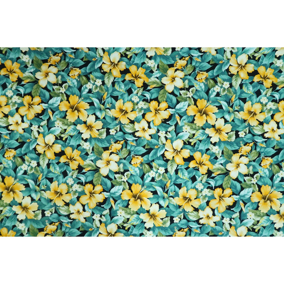 Yellow Hibiscus Garden Fabric | Teal - Muumuu Outlet