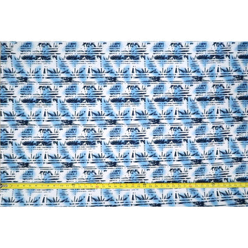 Palm Tree Border Abstract Print 100% Cotton Fabric -White/Blue C149B - Muumuu Outlet