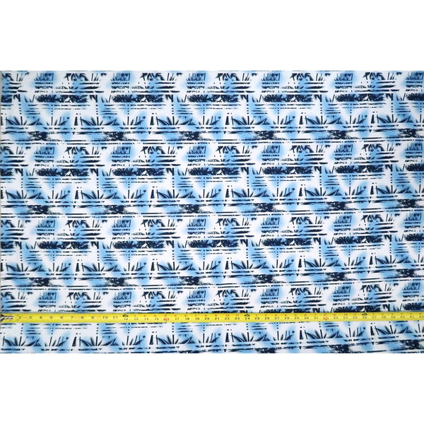 Palm Tree Border Abstract Print 100% Cotton Fabric -White/Blue C149B - Muumuu Outlet