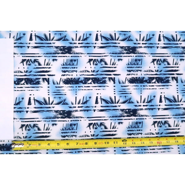 Palm Tree Border Abstract Print 100% Cotton Fabric -White/Blue C149B - Muumuu Outlet