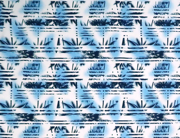 Palm Tree Border Abstract Print 100% Cotton Fabric -White/Blue C149B - Muumuu Outlet