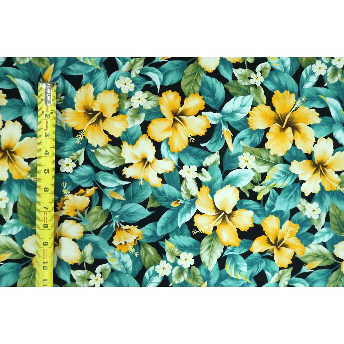 Yellow Hibiscus Garden Fabric | Teal - Muumuu Outlet