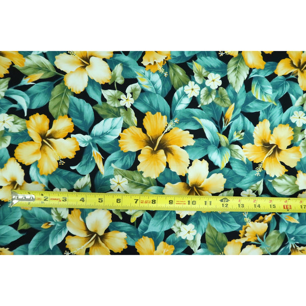 Yellow Hibiscus Garden Fabric | Teal - Muumuu Outlet