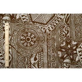 Tribal Tapa Print Poly Cotton Fabric | Brown/Black/Blue - Muumuu Outlet