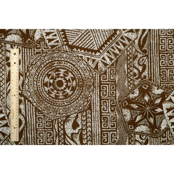Tribal Tapa Print Poly Cotton Fabric | Brown/Black/Blue - Muumuu Outlet