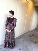 Pink Roses Black Lace Trim Vintage Style Long Sleeve Dress　6761/750-6