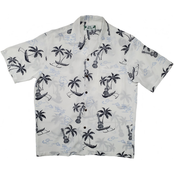 Palm Tree and Canoe Rayon Hawaiian Shirt | White - Muumuu Outlet