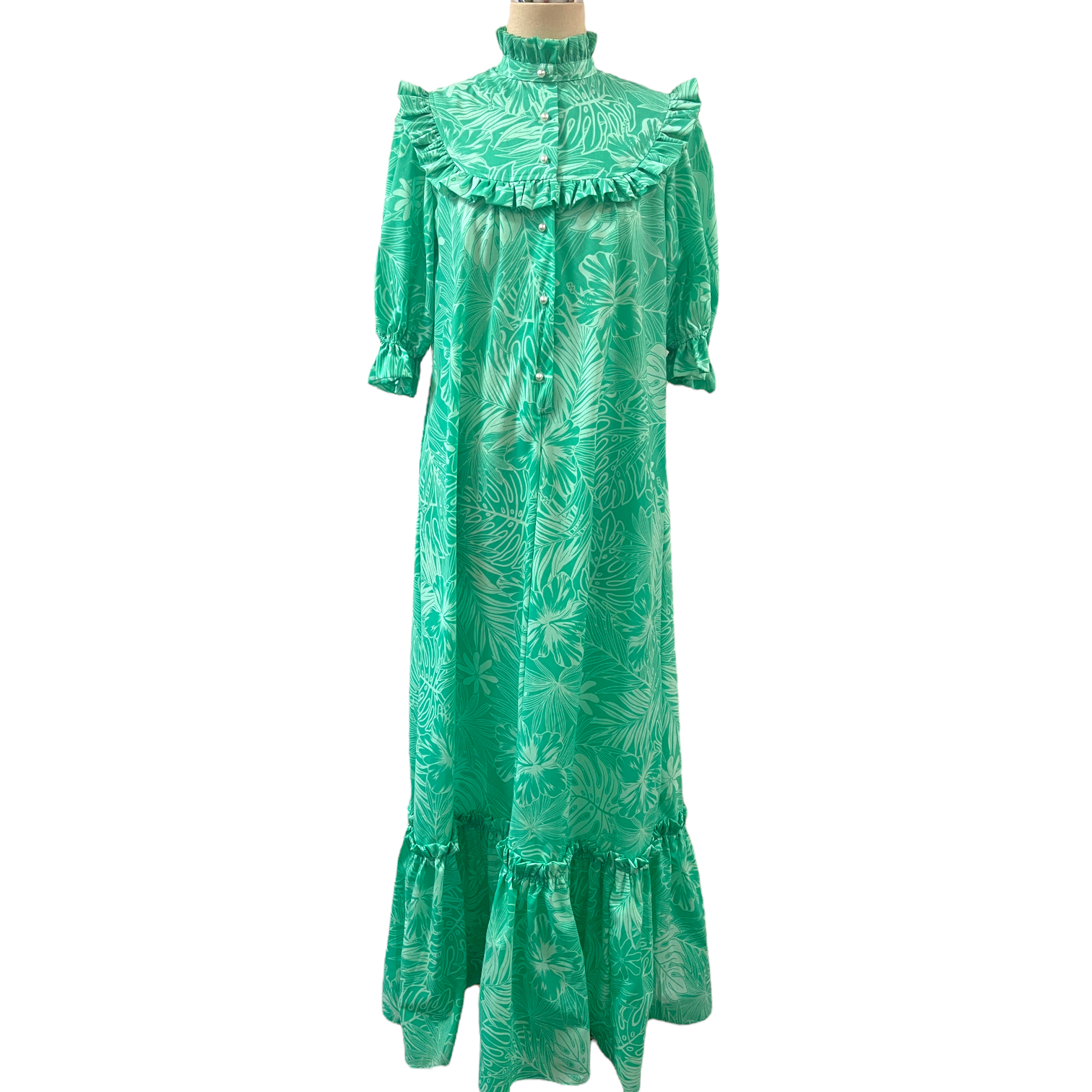 Mint Green High Neck Muumuu with Hibiscus Print 8221 - 0