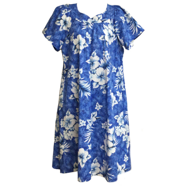 White Hibiscus Blue Muumuu Dress