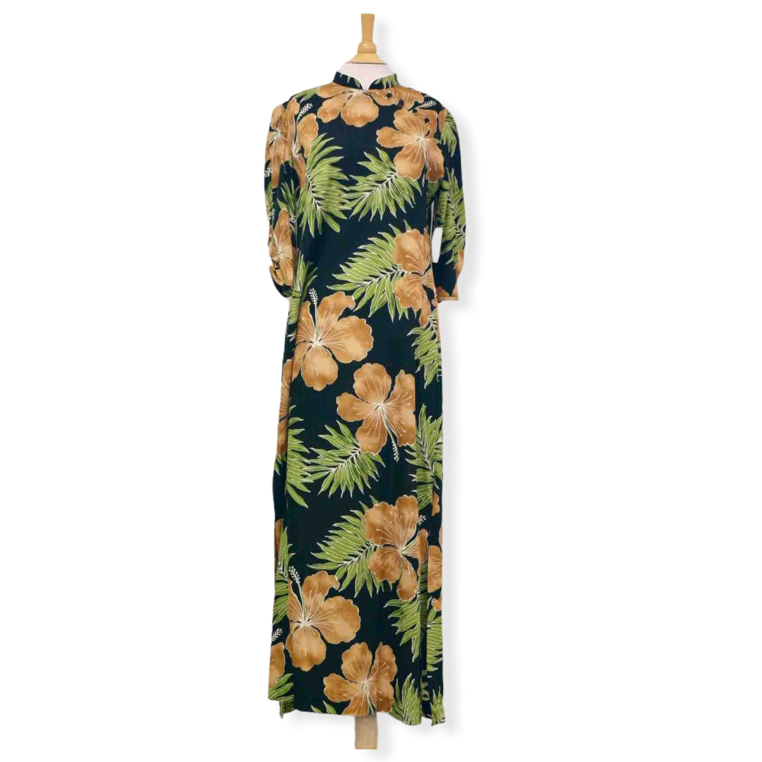 Brown Oriental Hawaiian Dress with Hibiscus Print 2004 XXS