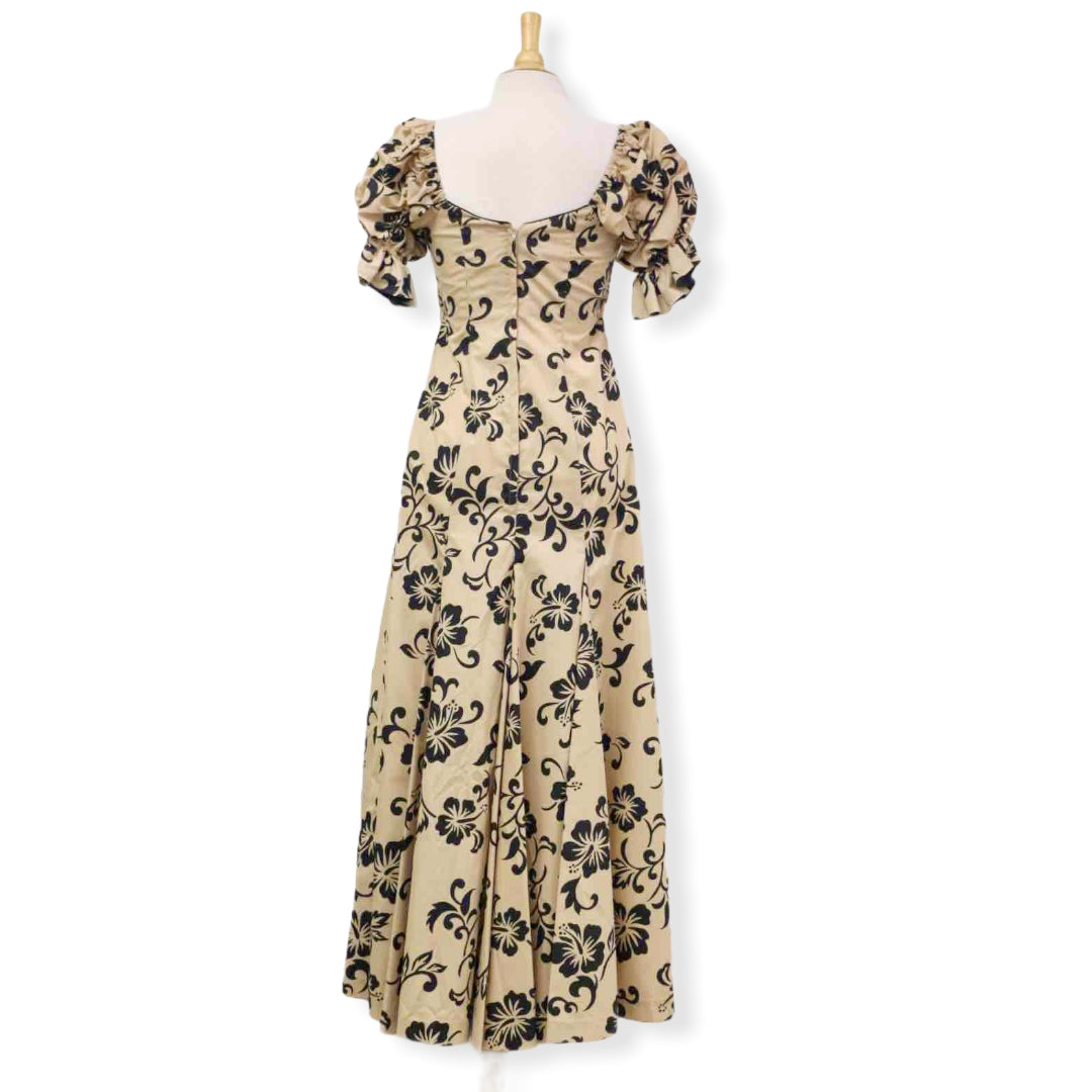 Half Sleeve Beige Hibiscus Hawaiian Dress -Black 2866