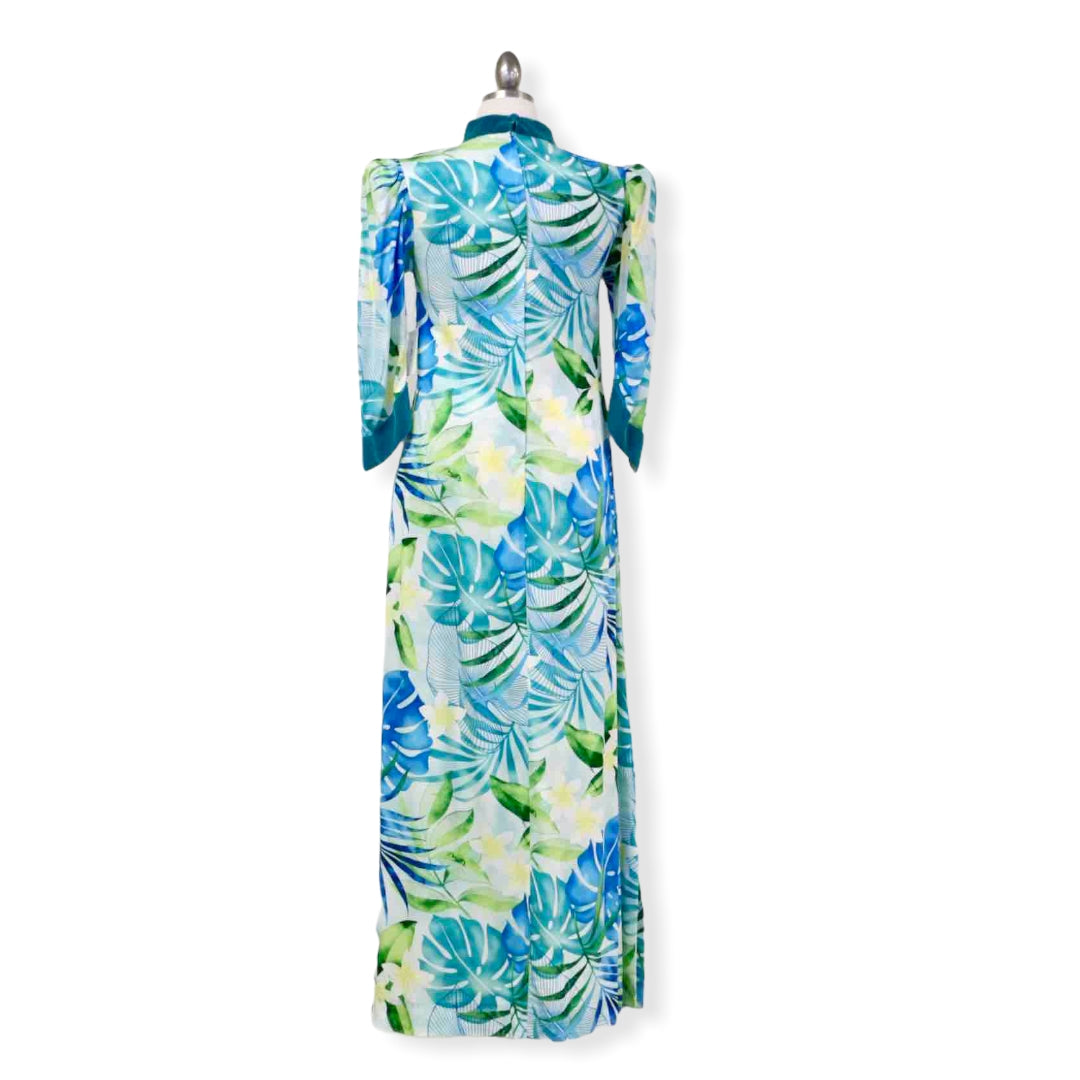 Green Mandarin Velvet Collar Monstera Leaf Hawaiian Dress | 2656