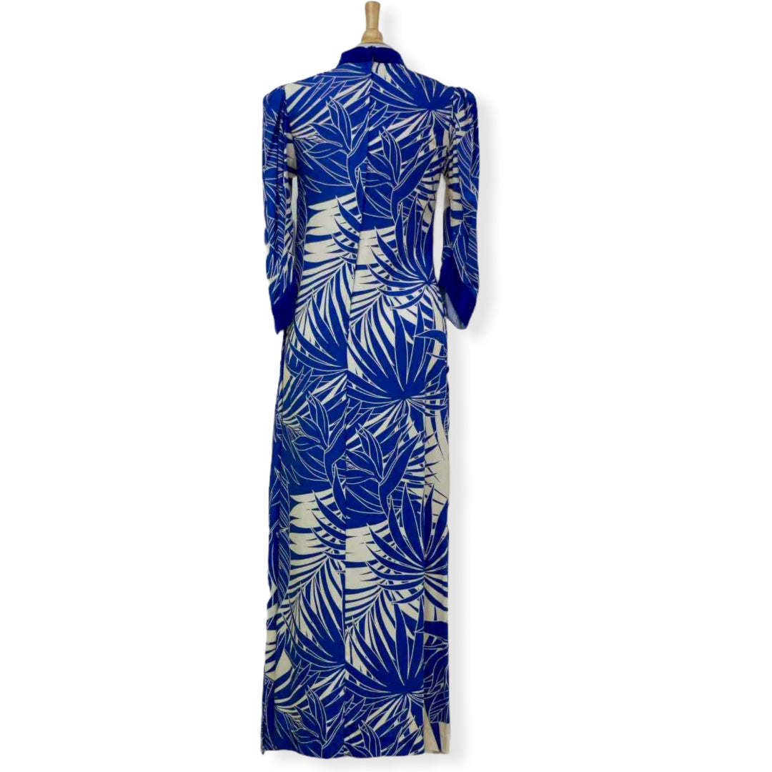 Hawaiian Muumuu Dress with Blue Velvet Trim | Palm Leaf Print 2656 - 0