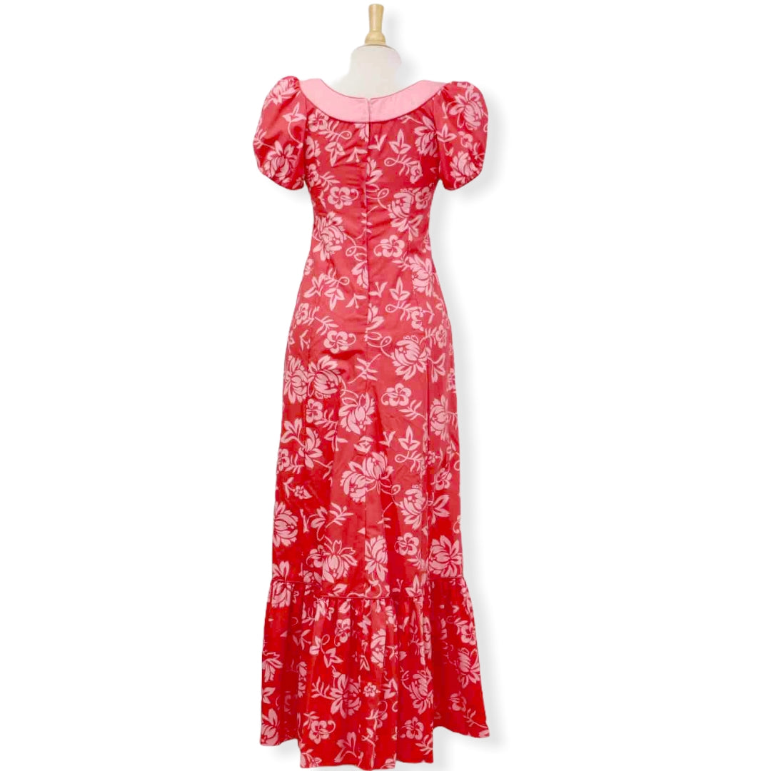 Pink Puff Sleeve Flower Hand Print Hawaiian Dress 992 - 0