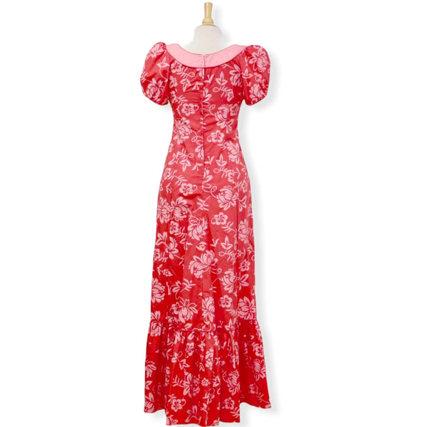 Pink Puff Sleeve Flower Hand Print Hawaiian Dress 992