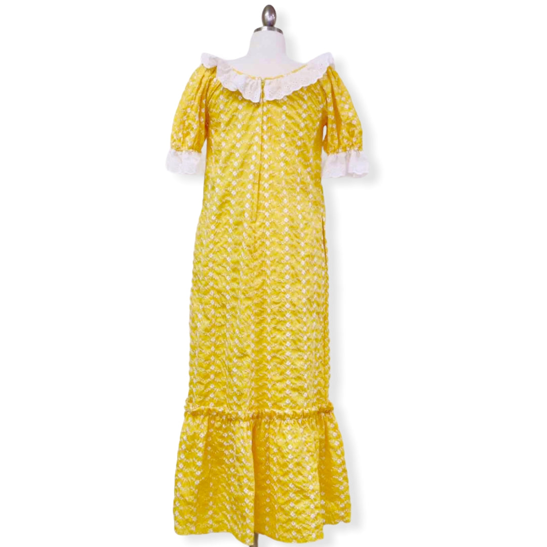 Yellow Muumuu Dress with Small White Flower Embroidery & Ruffle 8631 - 0