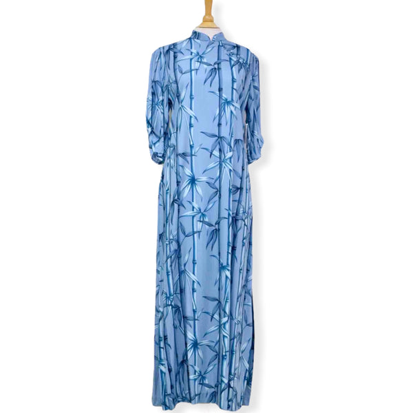 Chinese Style Blue Bamboo Rayon Dress with Mandarin Collar