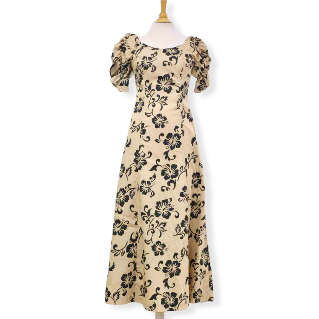 Half Sleeve Beige Hibiscus Hawaiian Dress -Black 2866