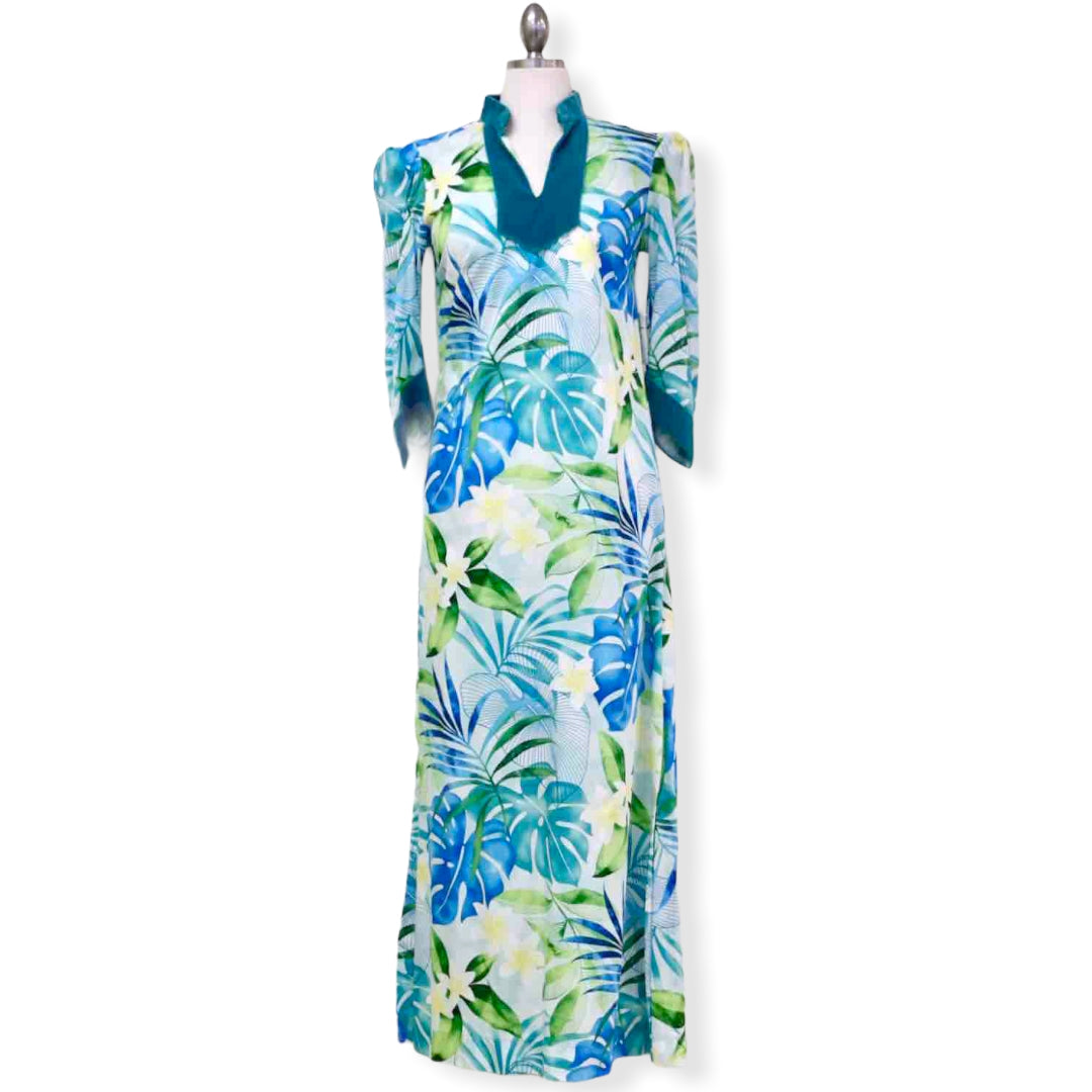 Green Mandarin Velvet Collar Monstera Leaf Hawaiian Dress | 2656