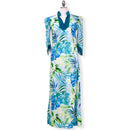 Green Mandarin Velvet Collar Monstera Leaf Hawaiian Dress | 2656-1