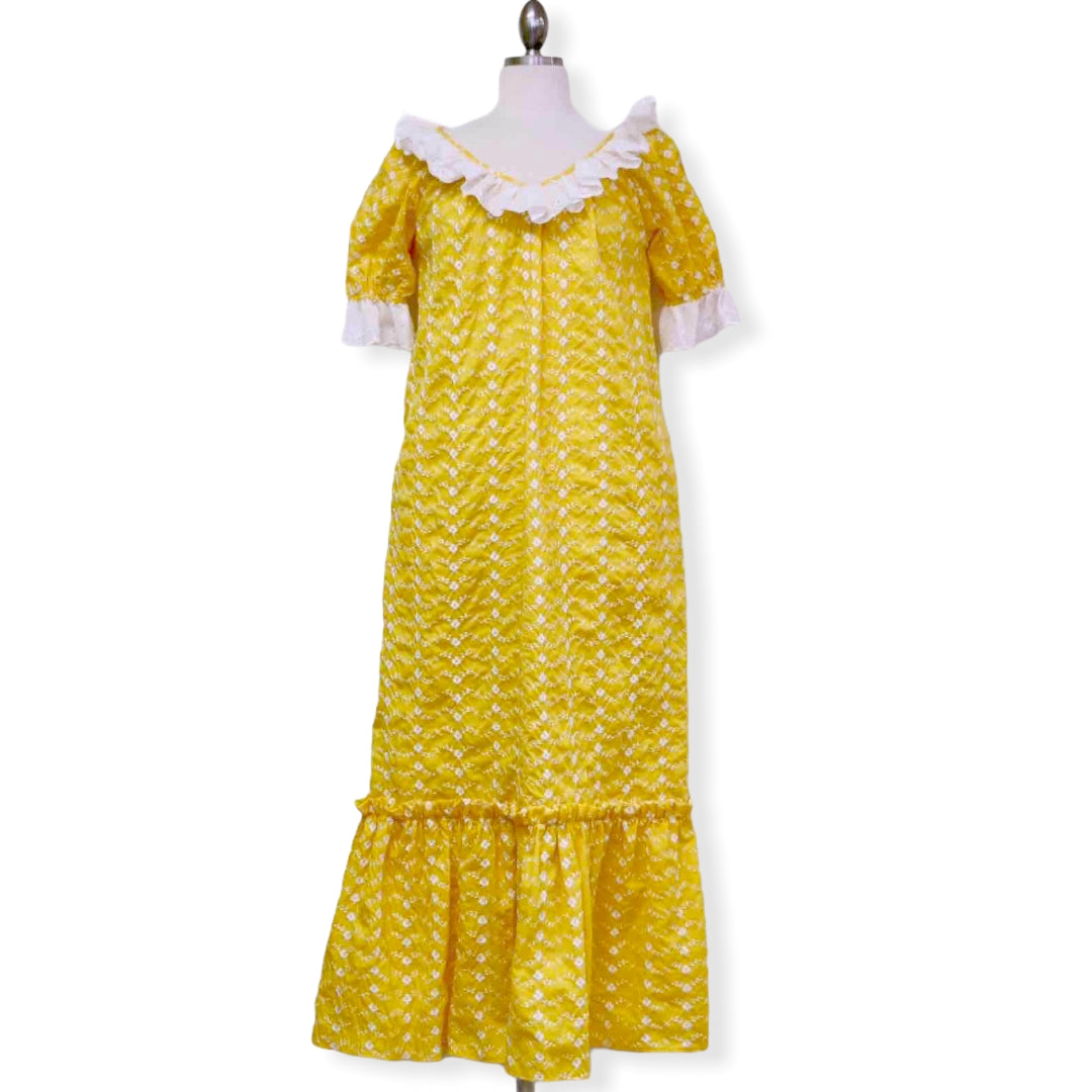 Yellow Muumuu Dress with Small White Flower Embroidery & Ruffle 8631