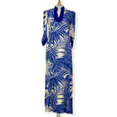 Hawaiian Muumuu Dress with Blue Velvet Trim | Palm Leaf Print 2656-1