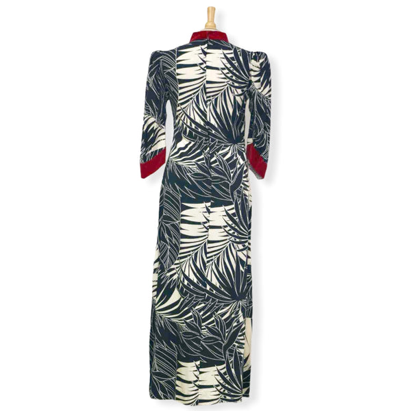 Velvet Trim Black Palm Leaf Print Dress